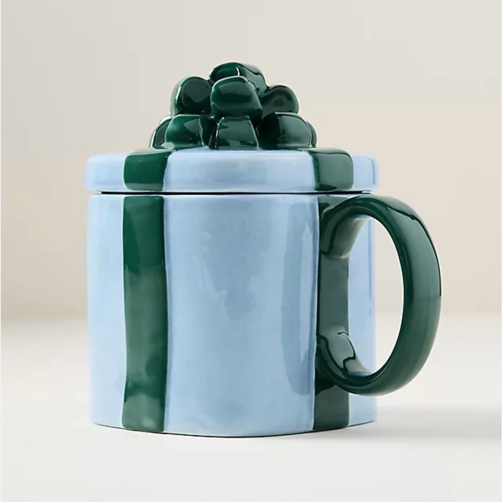 NEW Anthropologie Cadeau Lidded Stoneware blue and green gift box Mug